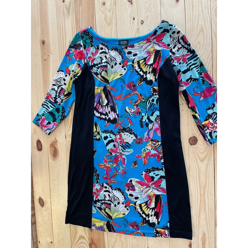nicole miller butterfly floral print shift‎ dress size M